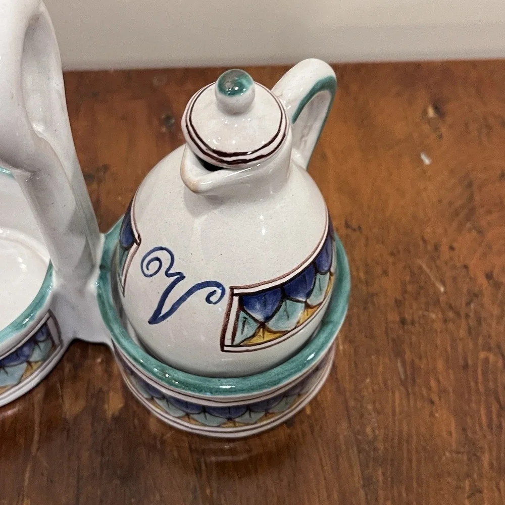Colorful Pair Oil Vinegar Cruet Set w/ Caddy Hand Painted Made‎ in Italy